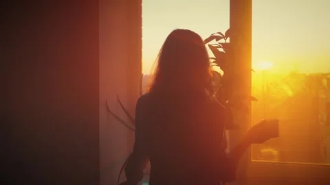 Dark silhouette person walks through room looks out view window sunset sky Stock Footage 310329764