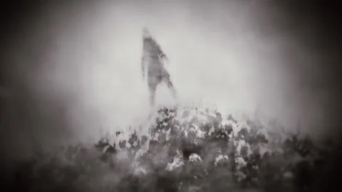 Dark silhouette stands on top a mountain of skulls and bones. Scary 2D animation Stock Footage 246506501