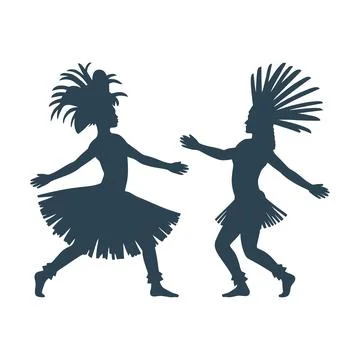 Dark silhouette of two people dancing in traditional feathered costumes on .. Stock Illustration