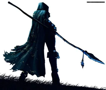 A dark silhouette of a wanderer girl in a blue hood with a spear in her hand, Stock Illustration