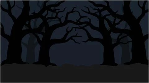 Dark silhouettes of bare trees in a mysterious forest with silhouette, leafle Ilustração Stock