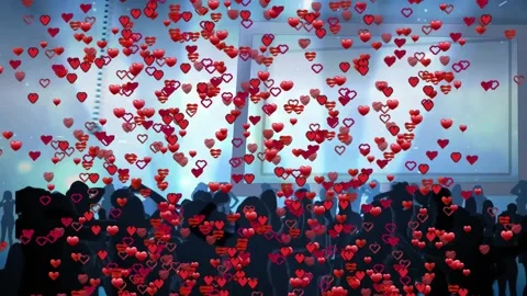 Dark silhouettes dancing under blue lights while red 3D hearts and pixel icons Stock Footage 327713666