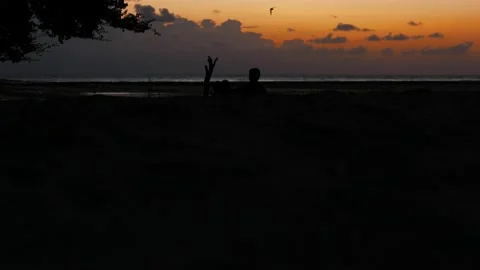 Dark Silhouettes Of Men Setting Up A Bonfire During Sunset In Lombok, Indonesia 스톡 동영상 142205699