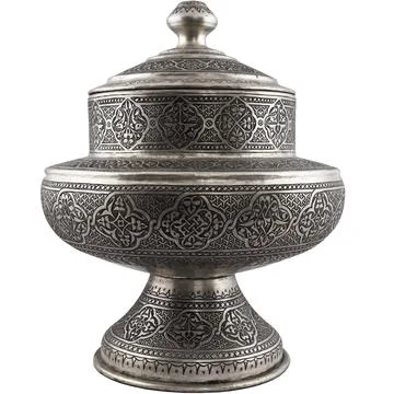 Dark Silver Pot Object Engraved Old Bowl Isolated on White Background Stock Photos