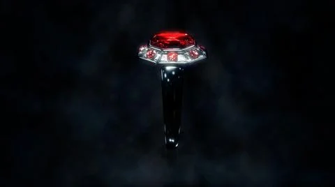 Dark silver ring with red ruby gem stones, fictional - object 3D illustration 스톡 일러스트