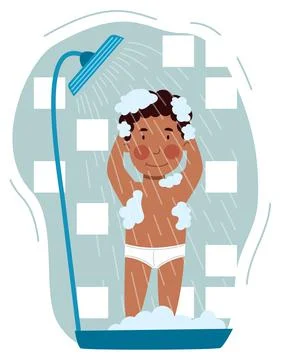 A dark-skinned boy washes in the shower. Daily routine. Stock Illustration