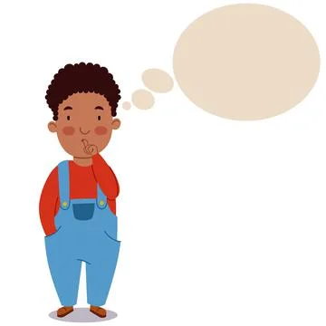 A dark-skinned curly-haired boy in a denim overalls. The child is thinking about Stock Illustration
