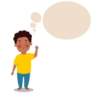 A dark-skinned curly-haired boy in a T-shirt and pants. The child is thinking Stock Illustration