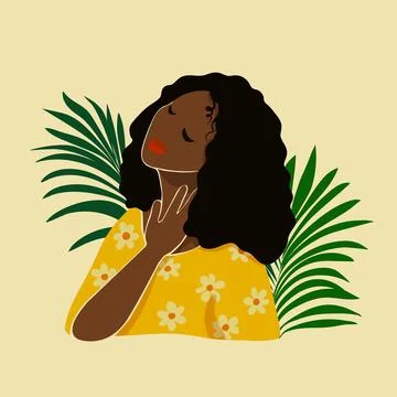 Dark skinned cute afro young woman portrait. Cute girl in yellow dress with Stock Illustration