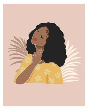 Dark skinned cute afro young woman portrait. Cute girl in yellow dress with Stock Illustration
