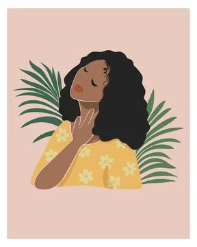 Dark skinned cute afro young woman portrait. Cute girl in yellow dress closed Stock Illustration