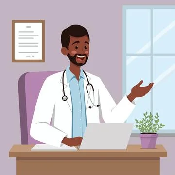 Dark Skinned Doctor Working at Desk with Laptop Stock Illustration
