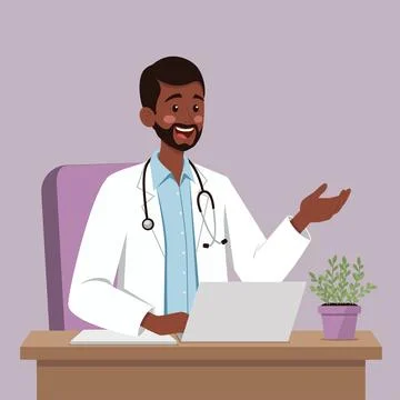 Dark Skinned Doctor Working at Desk with Laptop Stock Illustration