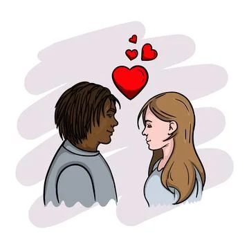 Dark-skinned guy and white girl in love want to kiss Stock Illustration