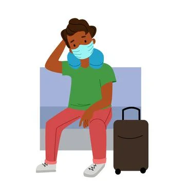A dark-skinned guy with a suitcase in a mask is waiting for his transport, a Stock Illustration