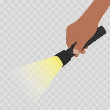 Dark-Skinned Hand Holding Flashlight with Beam on Checkered Background Stock Illustration