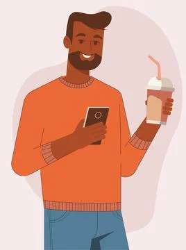 Dark skinned man with coffee cup and smartphone Stock Illustration