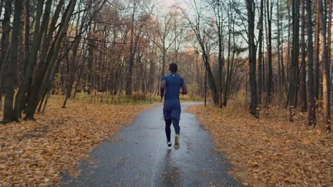 A dark-skinned man is jogging in an old park after the rain. Good physical shape Stock Footage 163694631