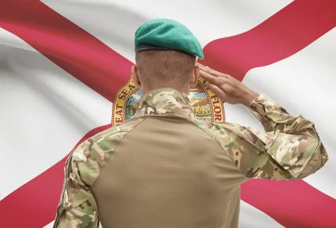 Dark-skinned soldier in hat facing US state flag series - Florida 스톡 사진