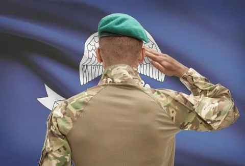 Dark-skinned soldier in hat facing US state flag series - Louisiana 스톡 사진