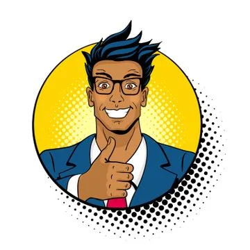 Dark skinned surprised man in glasses with open mouth shows thumb up in a circle Stock Illustration