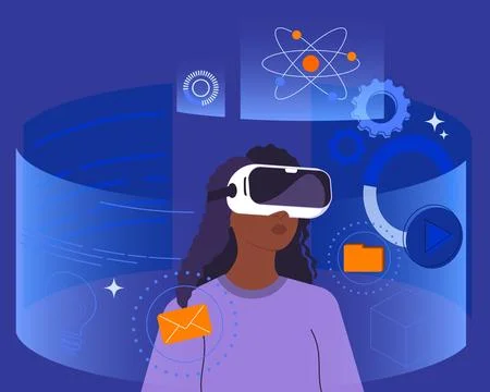 Dark Skinned Woman Using VR Headset イラスト素材