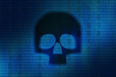 Dark skull on digital binary code background. Cyber attack prevention concept Foto stock