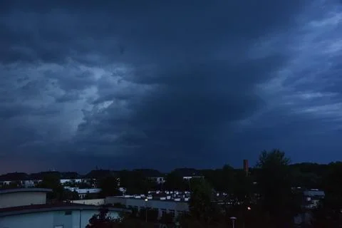 Dark sky, dark clouds. Dangerous and stormy weather in June, Wroclaw, Poland. Stock-Fotos