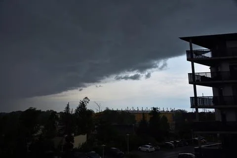 Dark sky, dark clouds. Dangerous and stormy weather in June, Wroclaw, Poland. Stock Photos