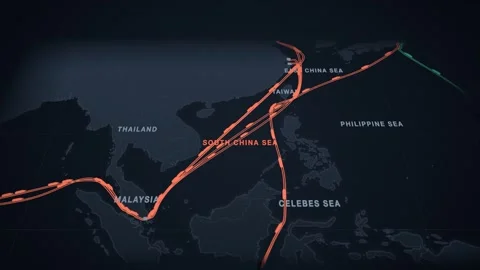 Dark Slate Perspective Map With Twin Lanes Tracing The Containers Route From Video stock 343731114