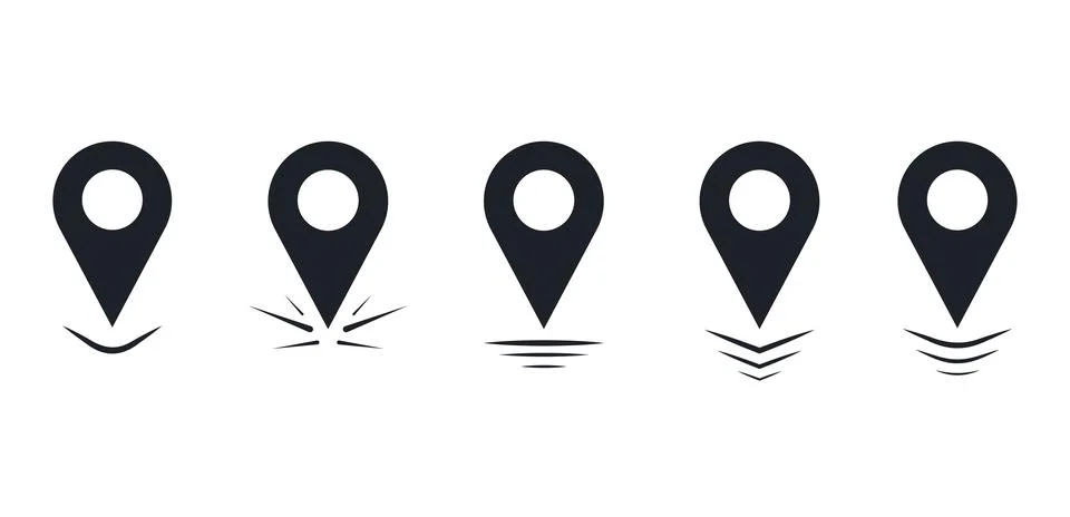 Dark Solid Location Pin Icon Set with Signal Effect Variations Stock Illustration
