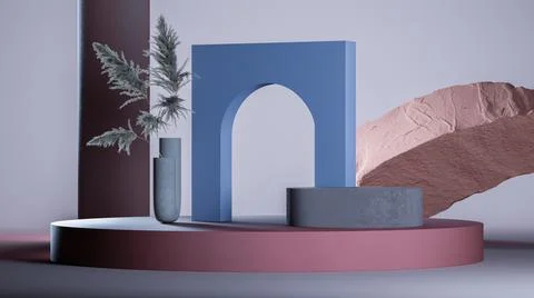 Dark space with blue arc, dry plants and big pink round podium. Minimal design Stock Illustration