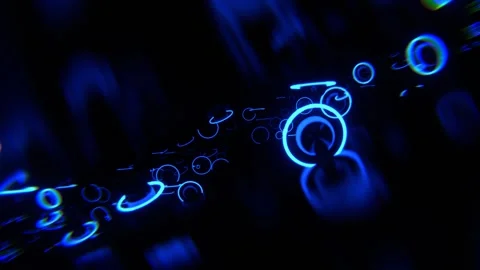 Dark Space with Levitating Metal Spheres and Blue Neon Rings Background VJ L Stock Footage 311644833