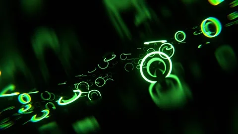 Dark Space with Levitating Metal Spheres and Green Neon Rings Background VJ  Stock Footage 311644836