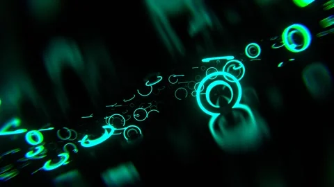 Dark Space with Levitating Metal Spheres and Turquoise Neon Rings Background Stock Footage 311644855