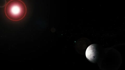 Dark space scene with a crescent moon or planet, bright sun flare, and scat.. Stock Footage 337080324