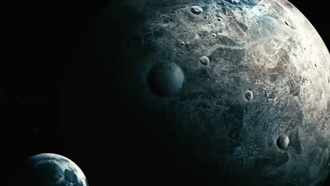 Dark space scene with a large cratered moon or planet and a small earth-lik.. Stock Footage 340388457