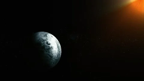 Dark space scene with a rocky planet lit by sunlight and a starry background Stock Footage 340388906