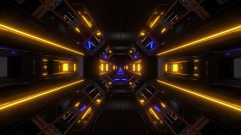 Dark space sci-fi tunnel airship corridor fly through vj loop 3d illustration Stock Illustration