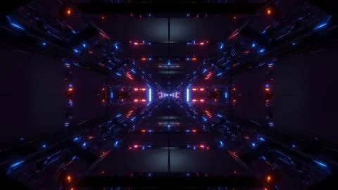 Dark space sci-fi tunnel corridor with futuritic reflection 3d rendering 스톡 일러스트