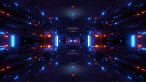 Dark space sci-fi tunnel corridor with futuritic reflection 3d rendering 스톡 일러스트