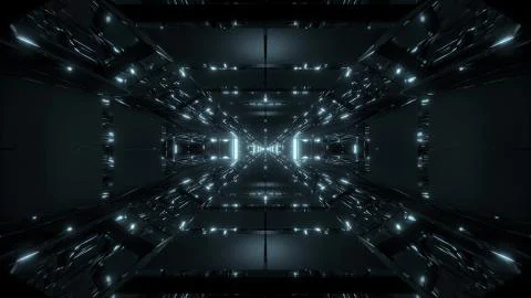 Dark space sci-fi tunnel corridor with futuritic reflection 3d rendering 스톡 일러스트