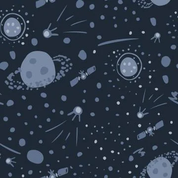 Dark space seamless pattern with planets, stars and satellites. Navy blue bac Stock Illustration