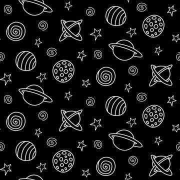 Dark space seamless pattern. White outline planets and stars on black backgro Illustrazione stock