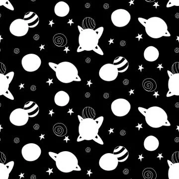 Dark space seamless pattern. White outline planets and stars on black backgro Illustrazione stock