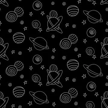 Dark space seamless pattern. White outline planets and stars on black backgro Stockillustratie