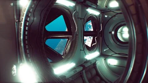 Dark space ship futuristic interior Stock Illustration