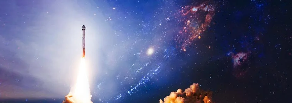 Dark space shuttle launch in the clouds with stars on background.Spaceship .. Stock Photos