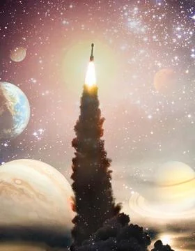 Dark space shuttle launch in the clouds with stars on background.Spaceship .. Stock Photos