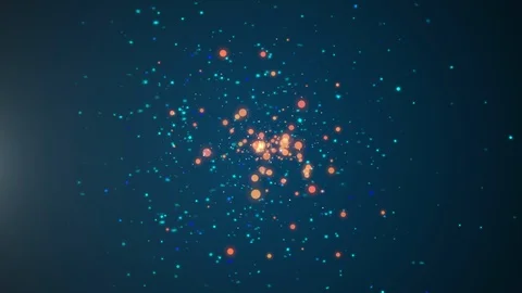 Dark space with swirl of blue dust slowly occupied by orange bokeh particles. Stock Footage 123087285